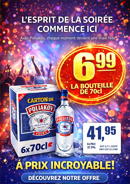 Poliakov · 70 cl · 37,5 % · 6 bouteilles · 6,99 € par bouteille · 41,95 € par caisse
