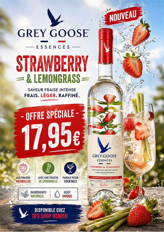 GREY GOOSE ESSENCES · Aux fraises naturelles · Avec une touche de citronnelle · 17,95 € · STRAWBERRY & LEMONGRASS