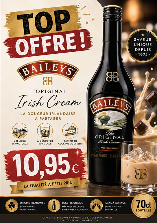 Baileys L’Original · Origine irlandaise. · Mélange de crème et de whisky irlandais. · 70 cl · 10,95 €