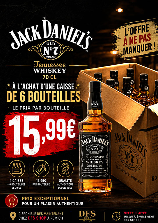Jack Daniel’s Old N°7 · 70 cl · 6 bouteilles · 15,99 € par bouteille · À l’achat d’une caisse de 6 bouteilles.